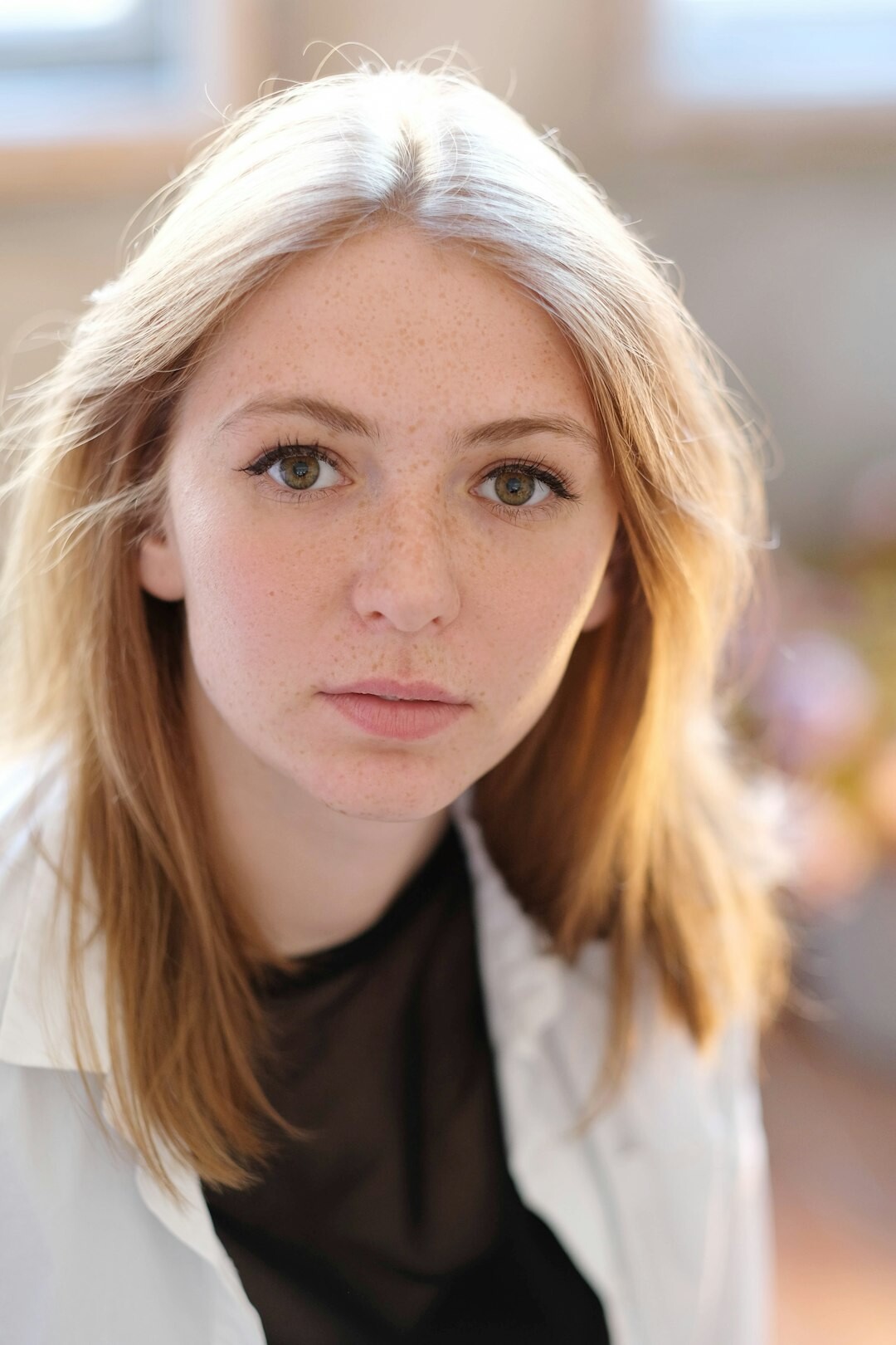 Studio portrait of a European woman with blonde hair