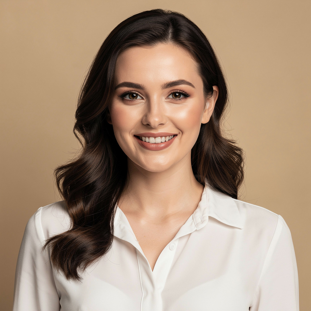 Studio portrait of a young European woman with dark hair