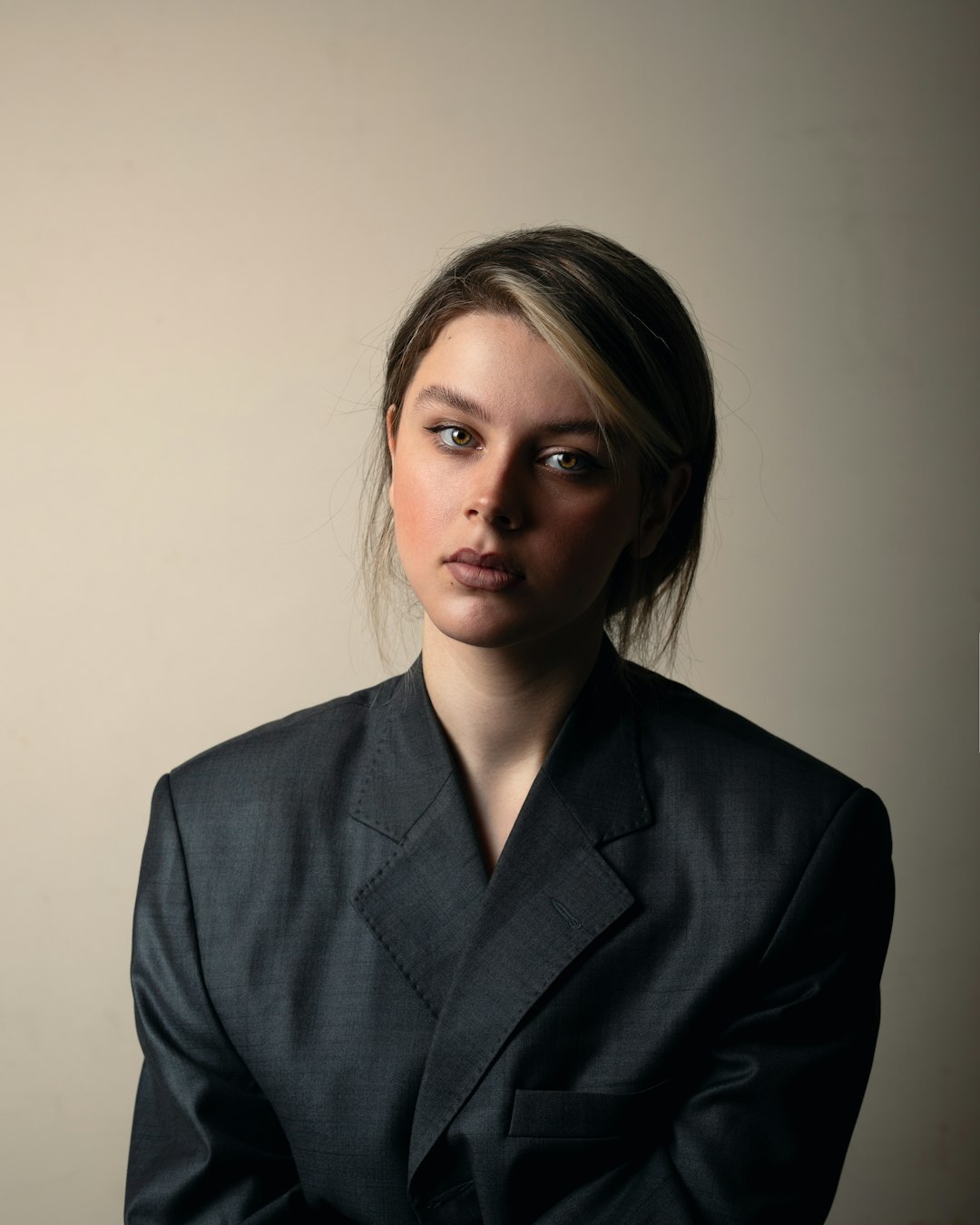 Studio portrait of a Slovenian woman with shoulder length hair
