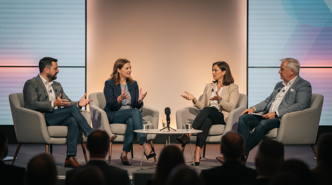 Panel of experts discussing on stage in a modern studio