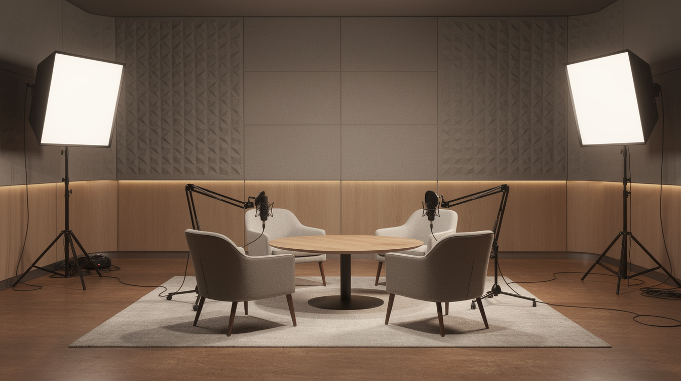 Empty modern podcast and discussion studio with microphones